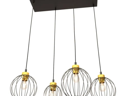 Hanglamp Stoolel Zwart Ø24 cm met 4 gouden draadkappen en verstelbare snoeren