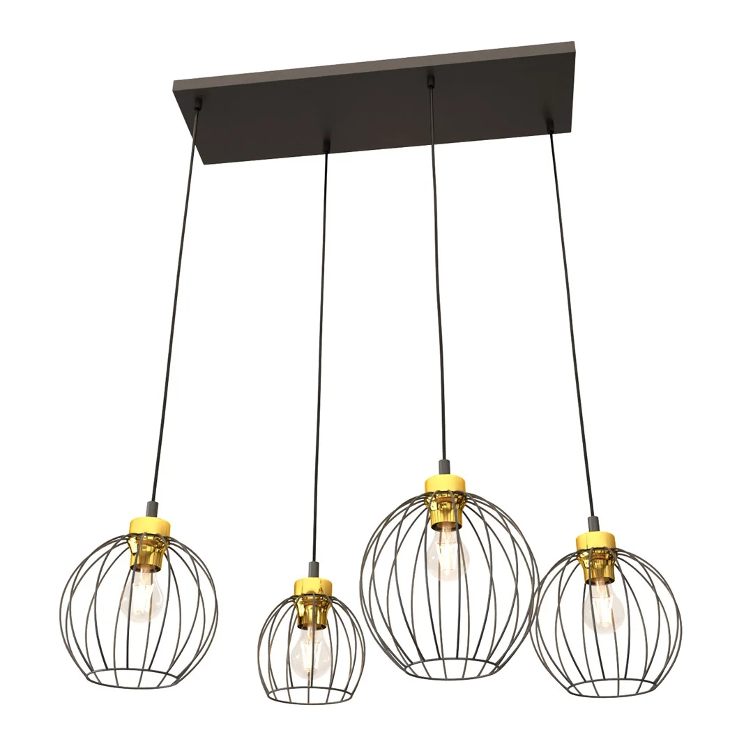 Hanglamp Stoolel Zwart Ø24 cm met 4 gouden draadkappen en verstelbare snoeren