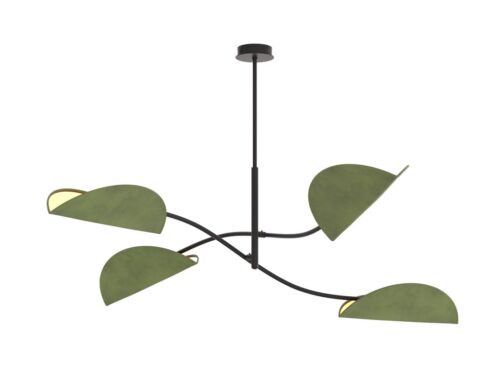 Plafondlamp Peeskang zwart met vier groene kapjes en zwart gepoedercoat stalen armatuur