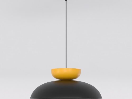 Hanglamp Hielloro Zwart met zwart-oranje gelaagde kap van gepoedercoat staal, modern Scandinavisch design