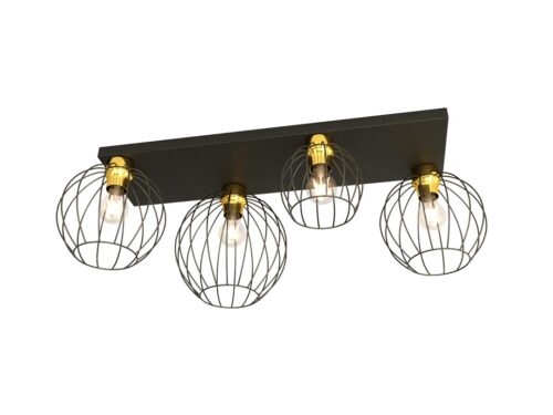 Plafondlamp Pielak zwart Ø24 cm, industriële 4-lichts lamp met goudkleurige details en kooikappen