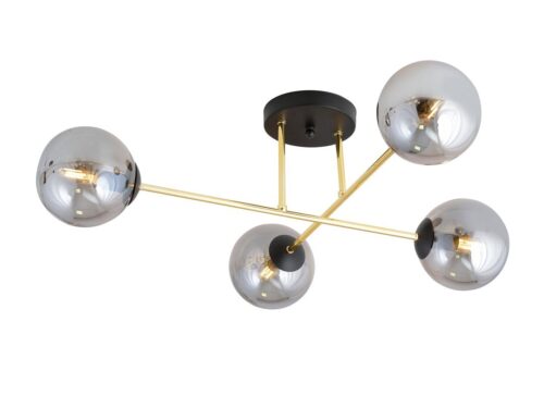 Plafondlamp Trinsak zwart en goud met 4 rookglas bollen, moderne glamourlook, Ø14 cm