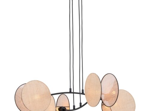 Hanglamp Trole Zwart Ø20 cm met 4 beige stoffen kappen en verstelbare hoogte, boho stijl