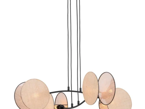 Hanglamp Trole Zwart Ø20 cm met 4 beige stoffen kappen en verstelbare hoogte, boho stijl