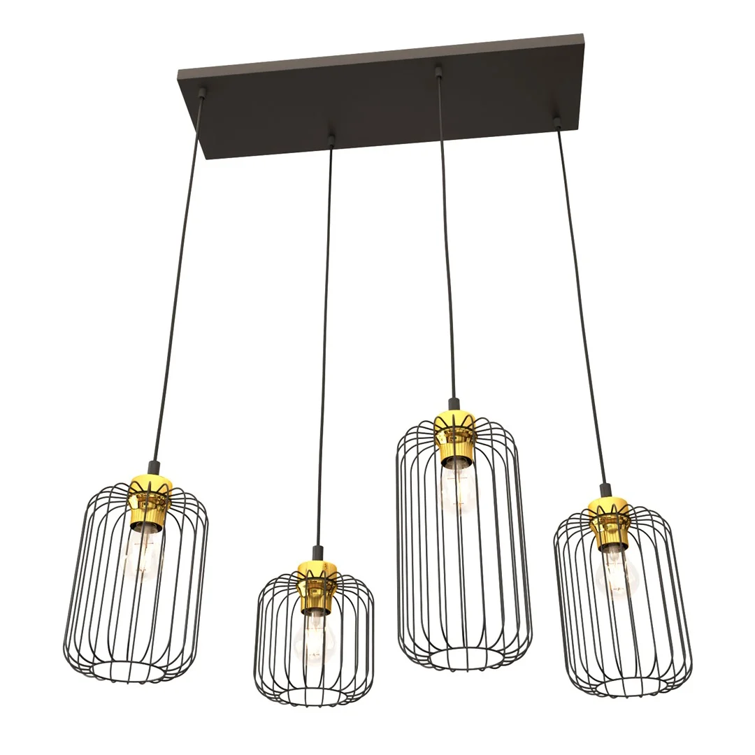 Hanglamp Klunni Zwart Ø16 cm met 4 verstelbare pendels, goudkleurige details en industrieel design