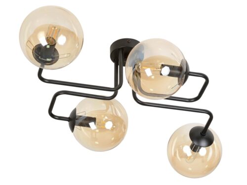 Plafondlamp Brauldil Zwart Ø14 cm met 4 amber glazen kappen en moderne, platte vorm
