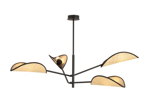 Plafondlamp Beirnesta zwart Ø12 cm met rotan kappen en vier lichtarmen in boho-stijl