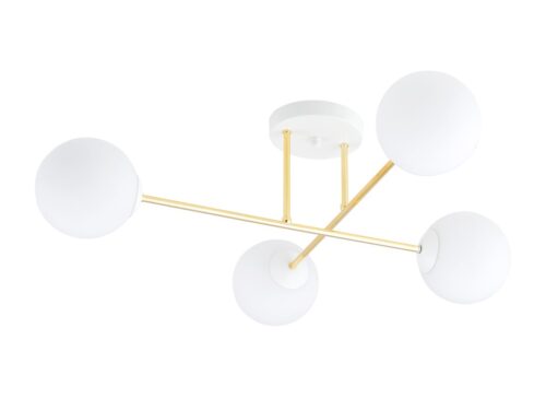 Plafondlamp Flaannun wit glas en goud frame met 4 bollen, elegant en modern, Ø14 cm