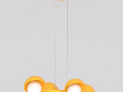 BOEM Gilello hanglamp van oranje staal met 4 witte kappen, verstelbare hoogte en modern design