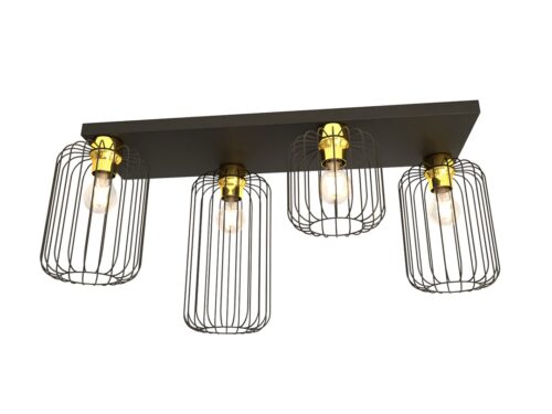 Plafondlamp Flenol Zwart Ø16 cm met 4 draadkappen, gouden accenten en E27-fittingen