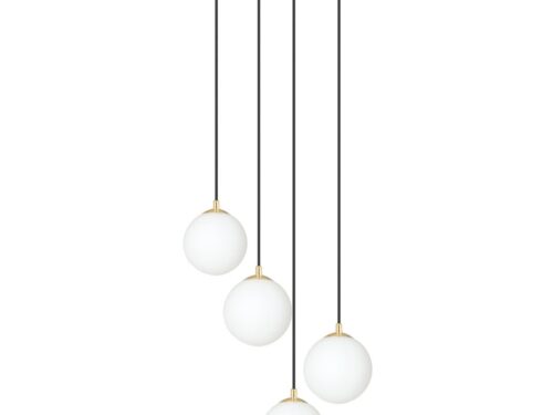 Hanglamp Skaanir Zwart Ø14 cm met vier witte glazen bollen, verstelbare ophanging en gouden accenten