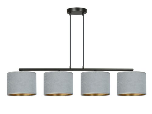 Hanglamp Saummes zwart met 4 grijze stoffen kappen en verstelbare hoogte, Ø20 cm