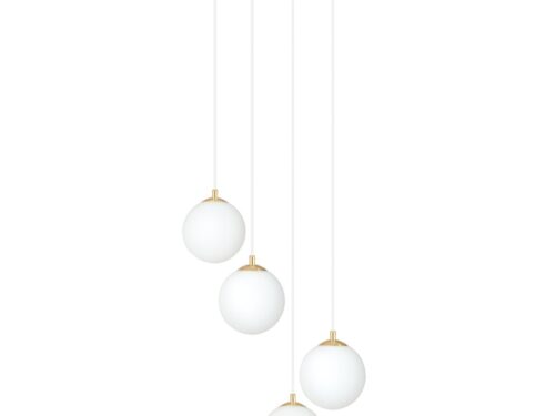 Hanglamp Bravine Wit Ø14 cm met 4 witte glazen kappen en subtiele gouden accenten, retro design