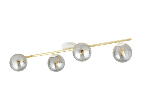 Plafondlamp Leinden Wit Ø14 cm met gouden stang en vier rookglas bollen voor moderne uitstraling