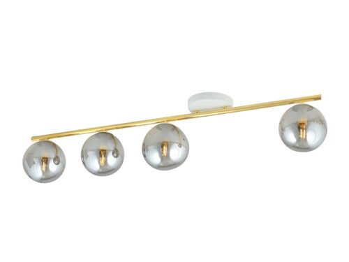 Plafondlamp Skorura Wit Ø14 cm met goudkleurige balk en vier rookglas bollen