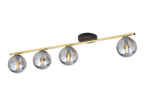 Plafondlamp Saarrura zwart Ø14 cm met gouden stang en vier glazen bollen voor moderne uitstraling