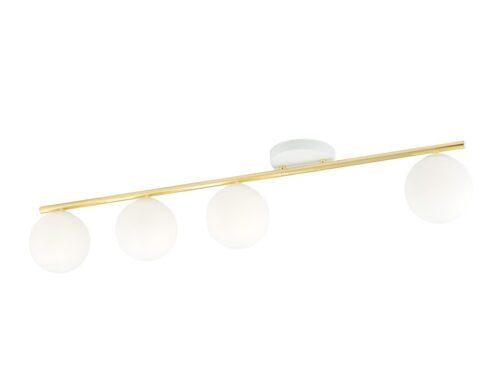 Plafondlamp Rooline wit Ø14 cm, goud staal met vier opaalglazen bollen en E14-fittingen