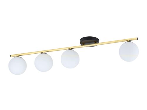Plafondlamp Pimmon Zwart Ø14 cm met goudkleurige balk en vier witte glazen lichtbollen