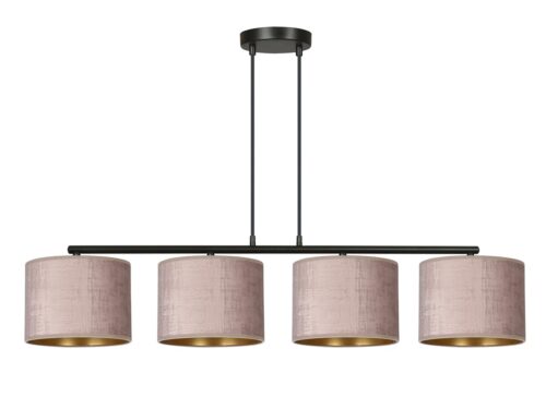 Hanglamp Moober zwart met vier roze stoffen kappen en verstelbare hoogte, Ø20 cm