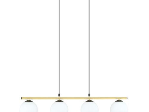 Hanglamp Slaakos zwart en goud Ø14 cm met 4 witte glazen kappen en verstelbare hoogte