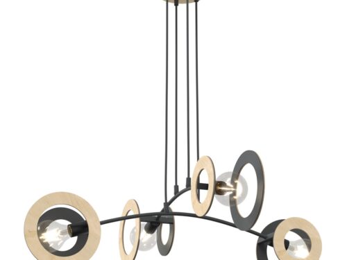 Hanglamp Naakona zwart Ø20 cm met hout, 4 lichtpunten en verstelbare hoogte