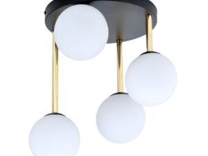 Plafondlamp Groolas zwart Ø14 cm met vier witte glazen bollen en gouden stangen