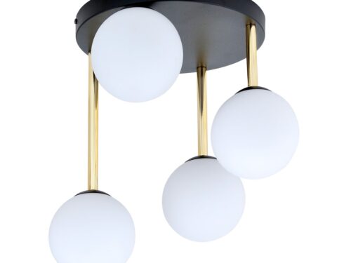 Plafondlamp Groolas zwart Ø14 cm met vier witte glazen bollen en gouden stangen
