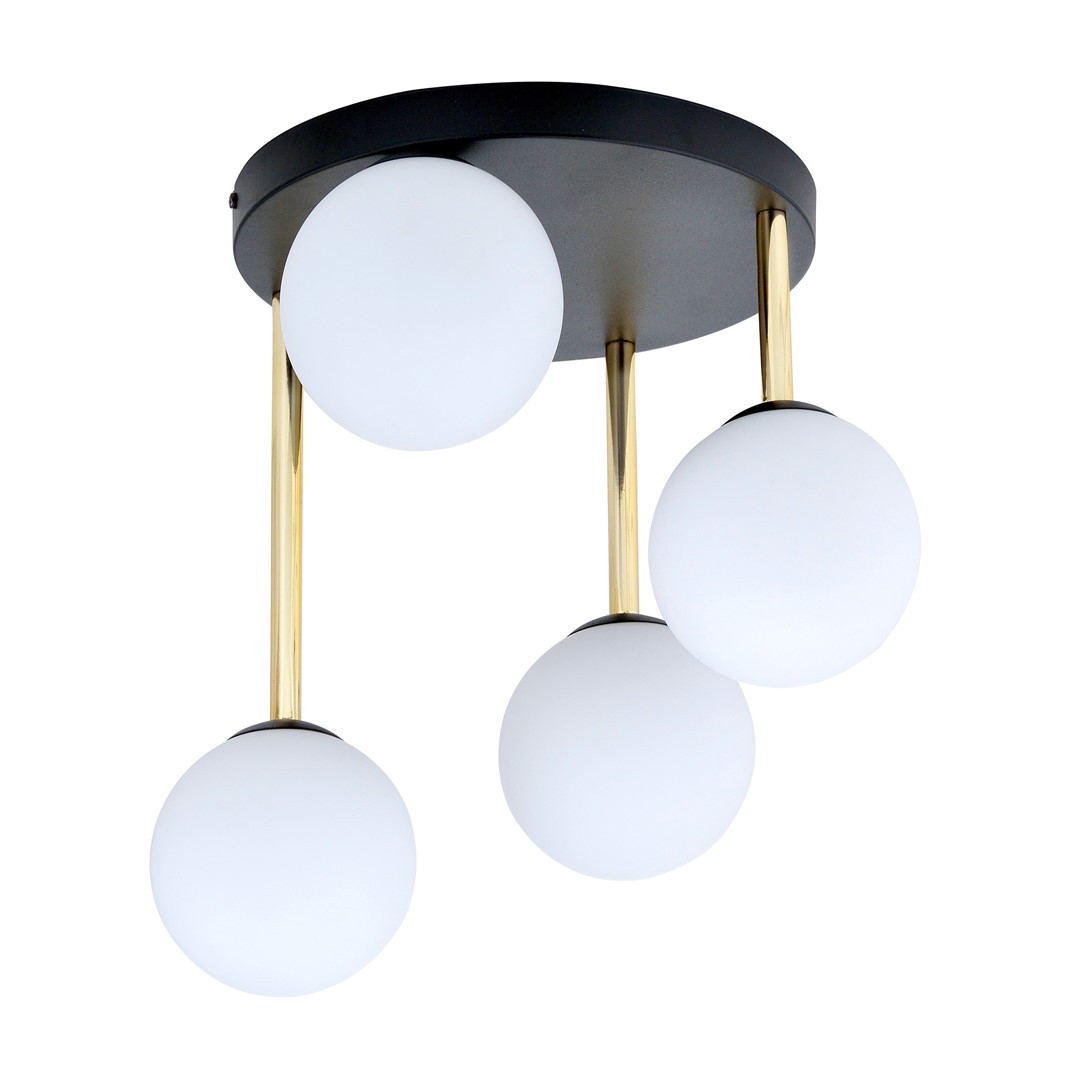 Plafondlamp Groolas zwart Ø14 cm met vier witte glazen bollen en gouden stangen