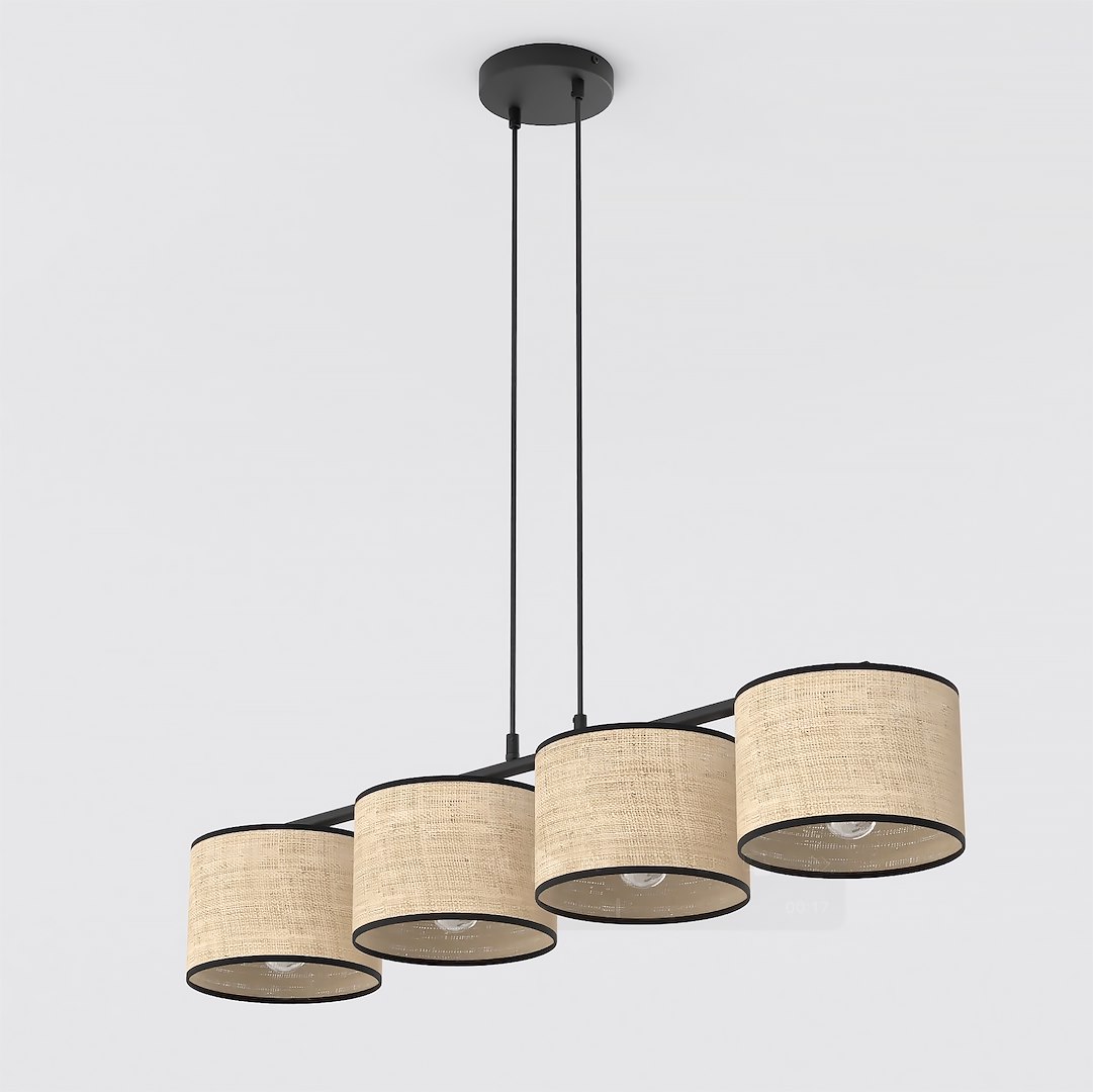 Hanglamp Stootund Zwart Ø20 cm met 4 rotan kappen en verstelbare ophanging