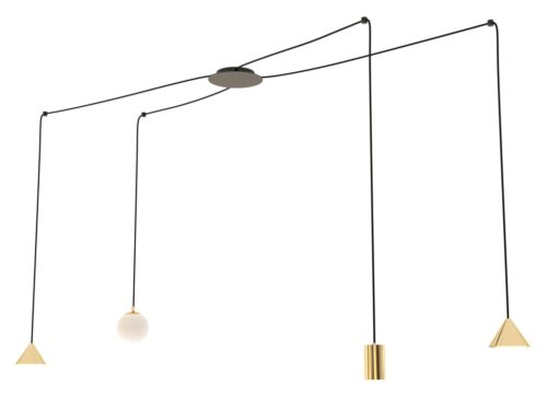 Hanglamp Boovea Goud met verstelbare hoogte, zwarte kabels en vier goudkleurige lichtpunten