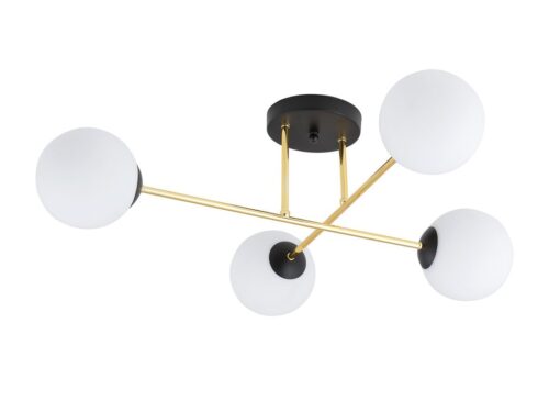 Plafondlamp Broskal zwart met 4 witte kappen en goudkleurige accenten, Ø14 cm, modern glamourdesign