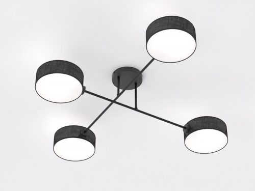 Plafondlamp Skomesta zwart Ø20 cm met vier armen en cilindrische lampenkappen in minimalistische Japandi-stijl