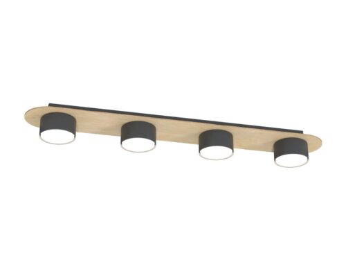 Plafondlamp Veimek zwart met houten details en vier GX53-spots, strak en modern ontwerp