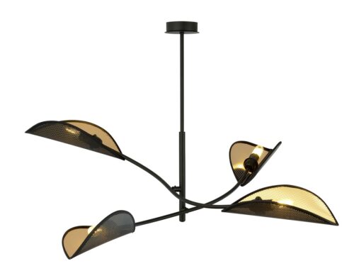 Skeiskone LOTUS plafondlamp zwart met 4 E14-fittingen en gouden stoffen kappen