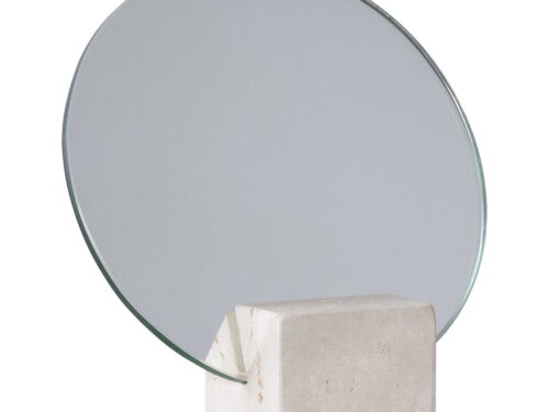 Spiegel Neistond beige tafelspiegel met glazen ronde spiegel en travertijn voet, 18 x 18 cm