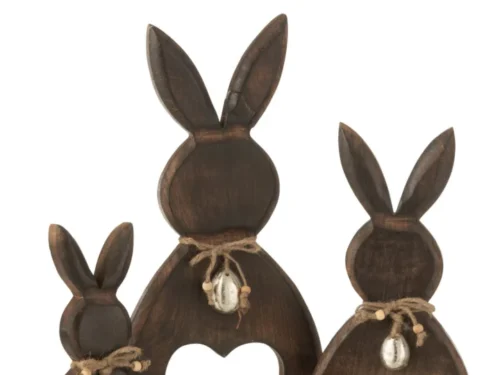 Gaaskesta decoratiefiguur bruin mangohout, drie konijnen met hartvorm en jute detail
