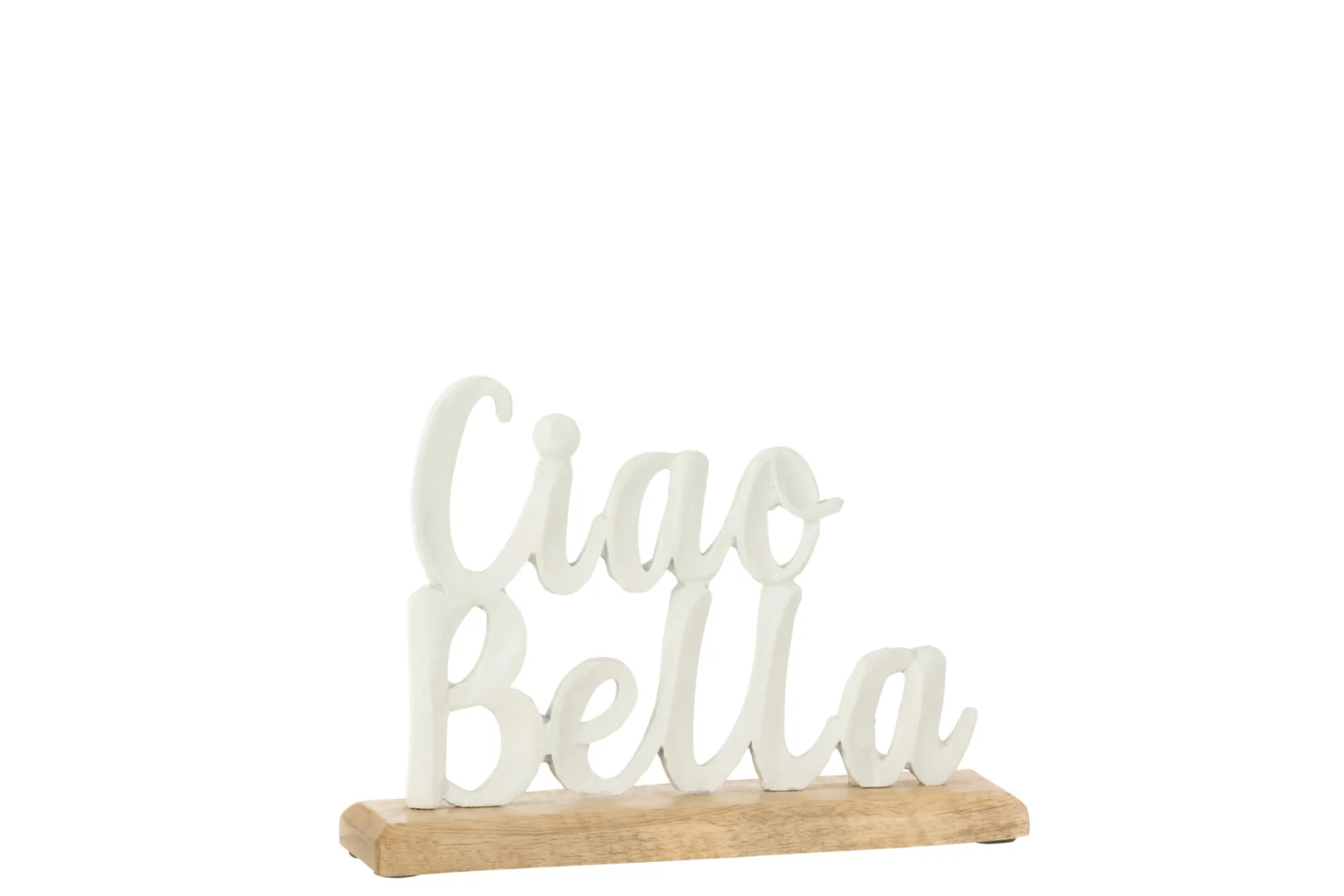 Woonaccessoire Kaurine met witte Ciao Bella-tekst op houten voet en meerkleurige aluminium afwerking