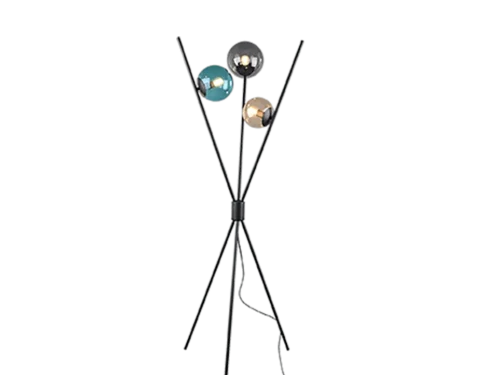 Vloerlamp Saudir mat zwart H156 cm met 3 glazen kapjes in amber, turkoois en rookkleur