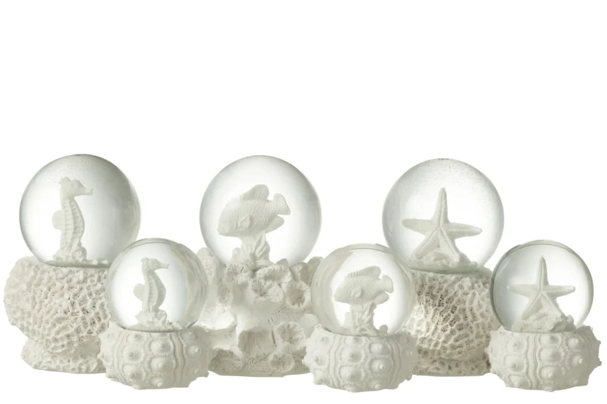 Sneeuwbol Sloondena polyresin wit, set van 3 met zeepaard, vis en zeester decoratie