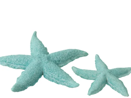 Decoratie Geelas polyresin blauw, twee turquoise zeesterren met ruwe textuur en zomerse uitstraling