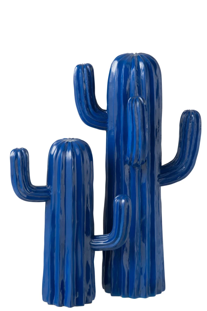 Blauwe Skobano kunstcactus van polyresin met glanzende afwerking, moderne decoratie voor dressoir of wandplank