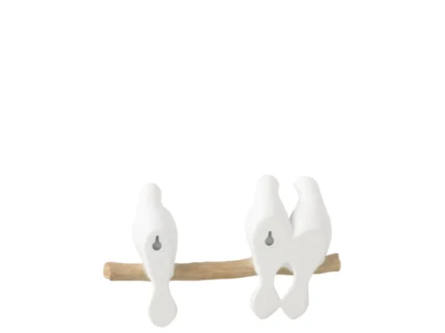 Kunsttak Neson Wit met witte decoratieve vogels op een natuurlijke tak, serene woonaccessoire van kalkpoeder en hars