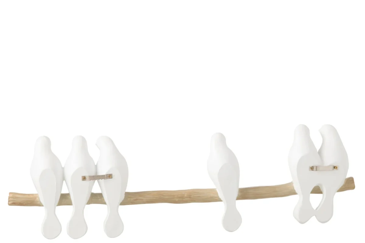 Kunsttak Preensio Wit met zes witte vogels op natuurlijke tak, 51 cm lang, decoratief woonaccessoire