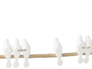 Kunsttak Preensio Wit met zes witte vogels op natuurlijke tak, 51 cm lang, decoratief woonaccessoire