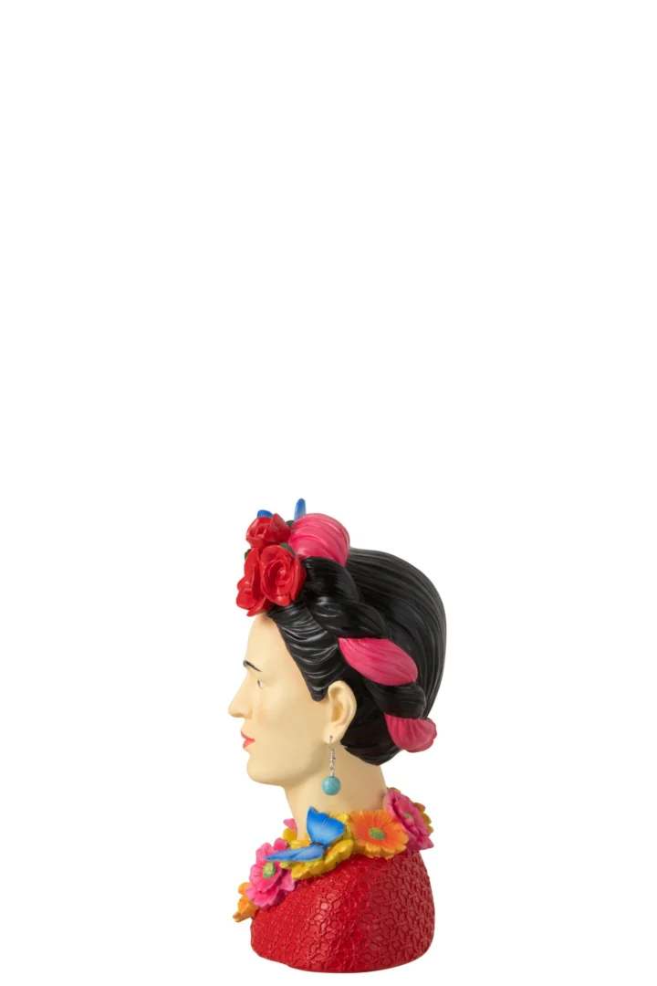 Beeld Tomar Meerkleurig H22 cm, decoratief vrouwenbuste met bloemen en opvallende rode jurk