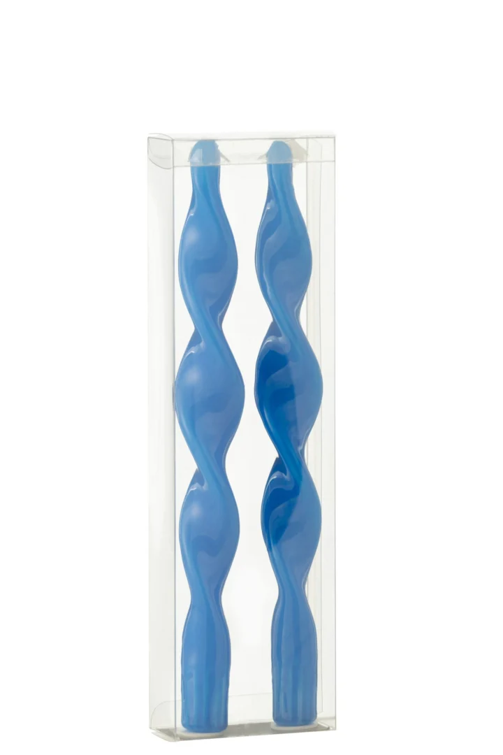 Kaars Viestond paraffine blauw, set van 2 gedraaide elegante kaarsen in transparante verpakking