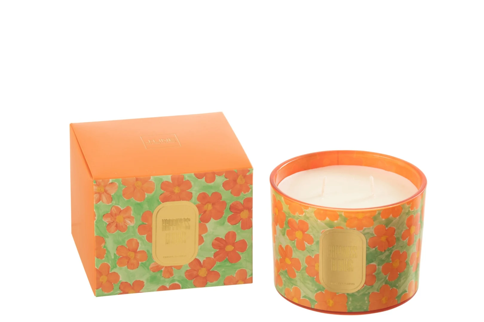 Geurkaars Catel meerkleurig met bloemendessin, oranjekleurig glas en compacte verpakking