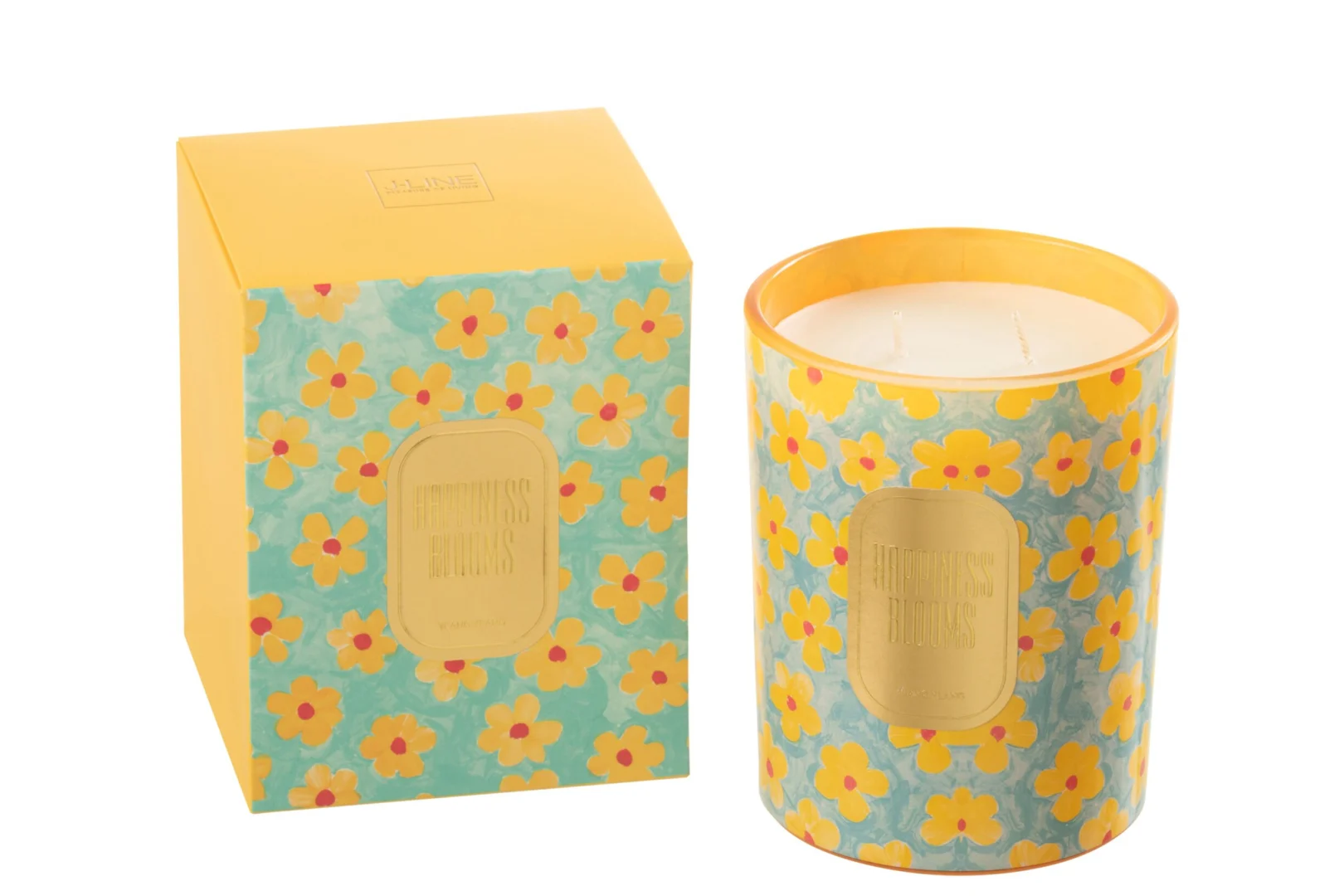 Geurkaars Grubora Meerkleurig met bloemendessin en twee lonten, inclusief gele geschenkdoos met ylang-ylang geur