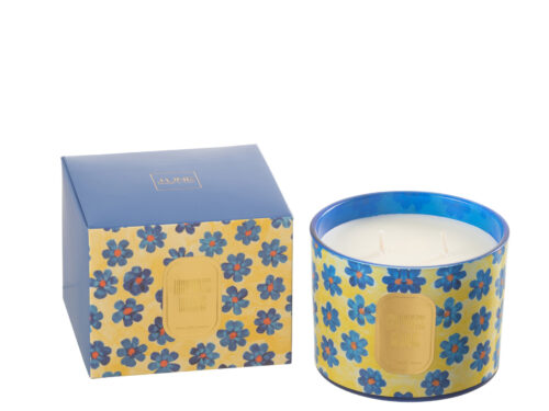 Geurkaars Neitone Meerkleurig in bloemrijk blik met blauw-gele print en luxe cadeauverpakking