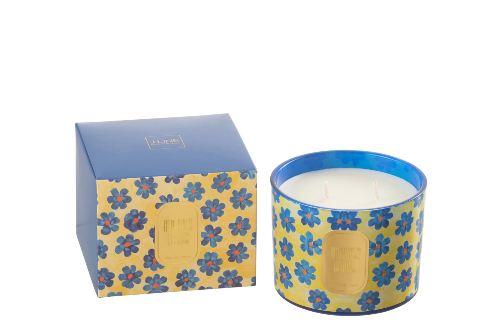Geurkaars Neitone Meerkleurig in bloemrijk blik met blauw-gele print en luxe cadeauverpakking